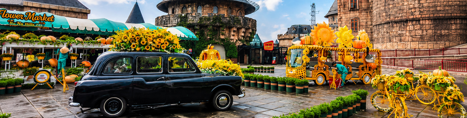 a car parked near a flower market in vietnam